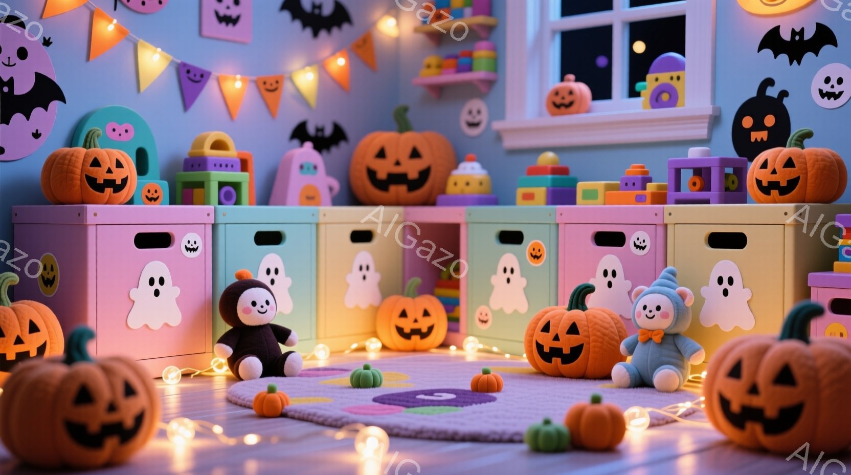 ハロウィーンをテーマにした子供部屋で、カラフルな収納ボックスや積み木が並んでいます。フロアにはカボチャのぬいぐるみや可愛らしいお化けのぬいぐるみが散らばっており、ハロウィーンの飾り付けが施された壁と天 - AI生成フリー素材