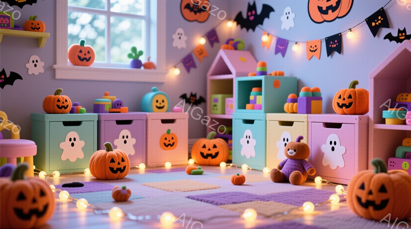 ハロウィーンの装飾が施された子供部屋で、オレンジ色のカボチャのランタンやゴーストのモチーフが散りばめられています。明るいピンク、水色、緑色の収納ボックスが並び、床には紫色のパズルマットが敷かれています。全体的に暖かく、遊び心のある、お祝いの雰囲気が漂っています。