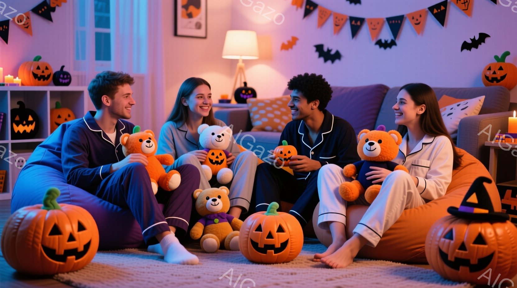 部屋には、ハロウィーンの飾り付けが施されており、オレンジ色のジャック・オー・ランタンや黒いコウモリのガーランドが飾られています。四人の若い男女が床に座り、パジャマ姿でリラックスした様子で、それぞれテデ - AI生成フリー素材