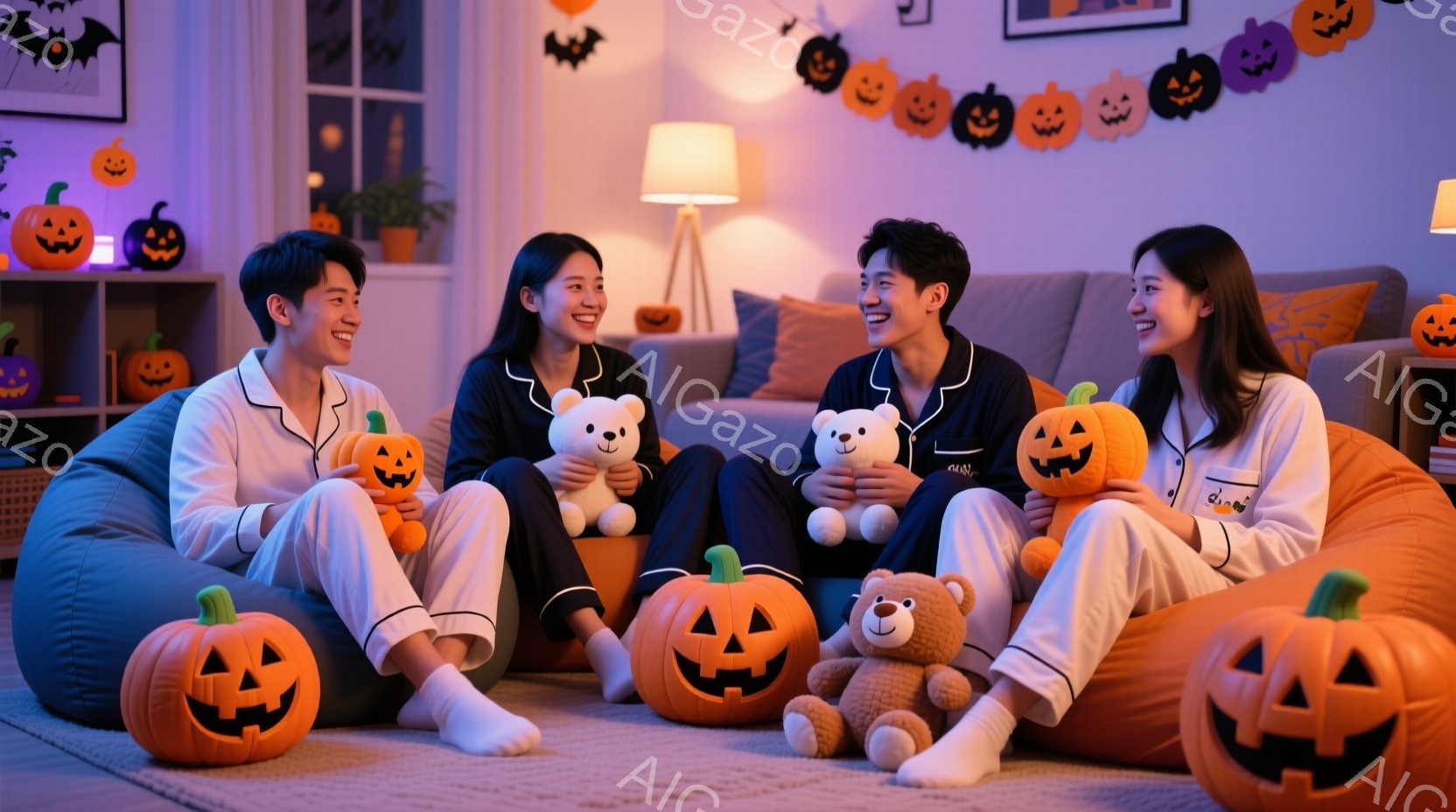 紺色のパジャマを着た若い男女が、リビングルームに集まってリラックスした時間を過ごしています。彼らは笑顔で、それぞれ手に可愛いテディベアやハロウィーンのパンプキンライトを持っています。背景にはハロウィー - AI生成フリー素材