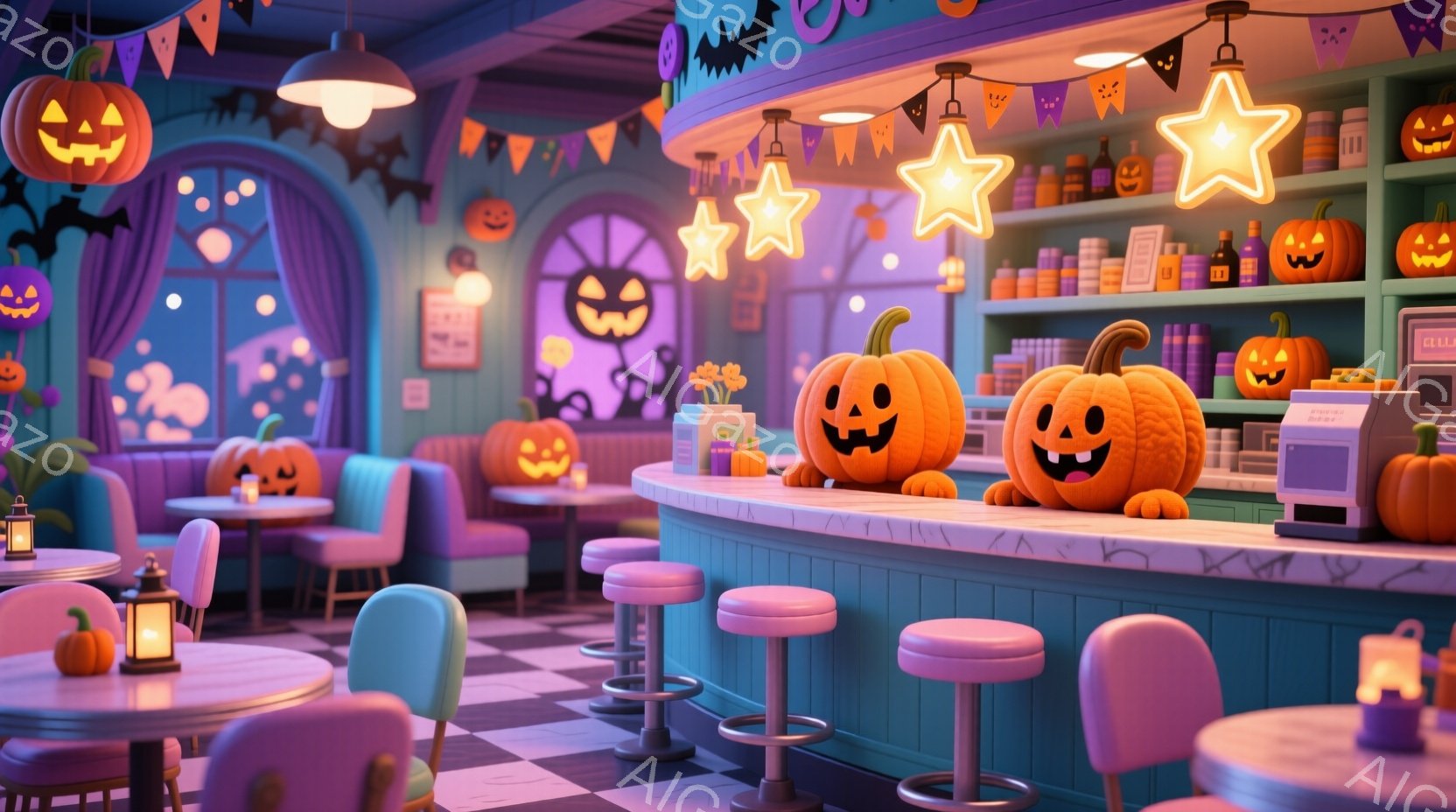 ハローウィーンをテーマにした可愛らしいカフェの内部です。オレンジ色のジャック・オー・ランタンがカウンターや床、壁に飾られ、ピンクと紫を基調としたカラフルな内装が特徴的です。カウンターには星型の照明が輝き、全体的に明るく、お祭り気分を盛り上げる雰囲気です。