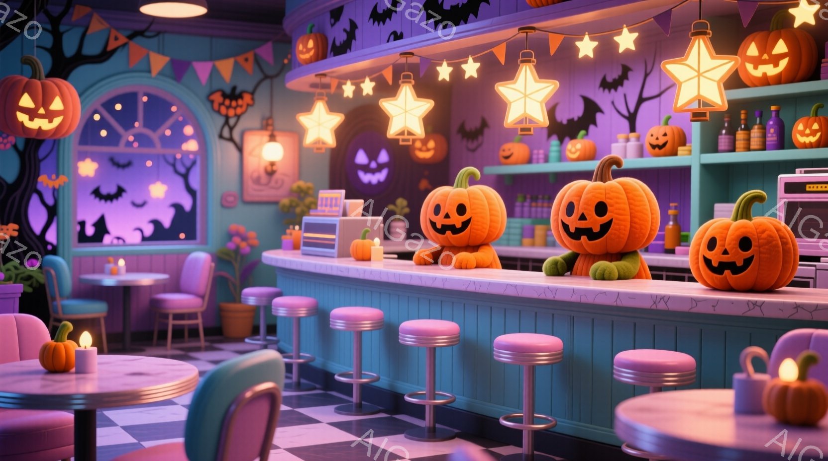 ハロウィーンをテーマにしたダイナーの内部で、紫とピンクを基調としたレトロな雰囲気のカウンター席が並んでいる。カウンターには可愛らしい表情のハロウィーンのパンプキンが飾られており、背景には不気味な木々と黒いシルエットのコウモリが描かれている。全体的に、温かく遊び心のある、お祭り気分を味わえる空間が演出されている。