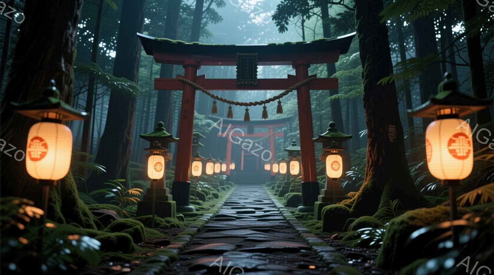 鳥居が連なる石畳の道が、鬱蒼とした森の奥へと続いています。苔むした石灯籠が道の両脇を照らし、赤い鳥居と緑豊かな木々のコントラストが印象的です。霧が立ち込め、静寂で神秘的な雰囲気を醸し出しています。 - AI生成フリー素材