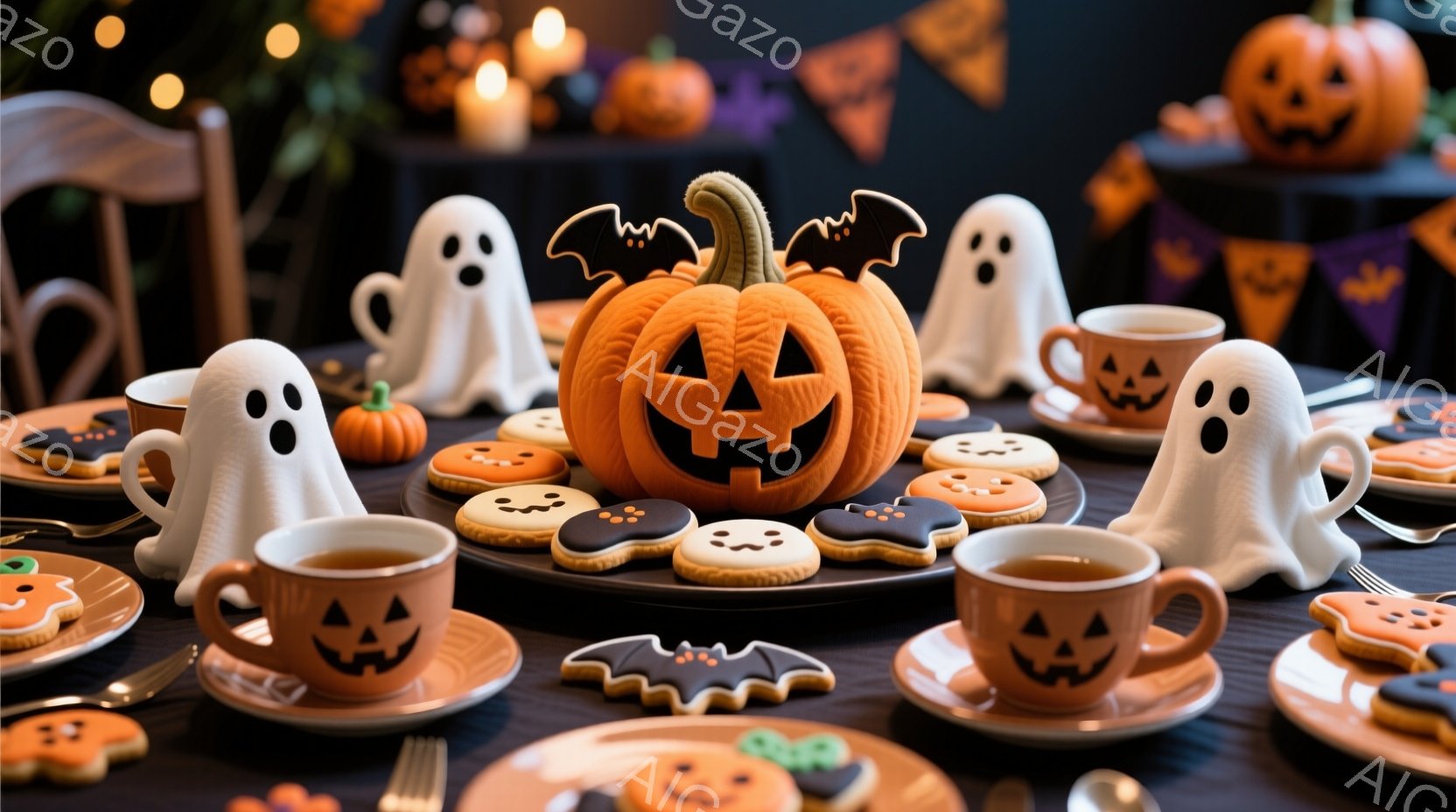 ハロウィーンをテーマにしたテーブルセッティングで、オレンジ色のジャック・オー・ランタンが中央に置かれています。可愛らしいお化けの形の布や、ハロウィーンを象徴するクッキー、カップなどがテーブルを彩り、お祝いの雰囲気を演出しています。背景にはハロウィーンのガーランドや、ぼんやりとした光があり、全体的に温かみのある、楽しいハロウィーンのパーティーの準備が整っている様子を表しています。