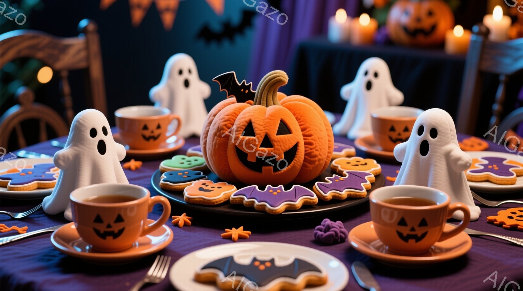 ハロウィーンをテーマにしたテーブルセッティングで、オレンジ色のカボチャのカップとソーサー、お化けの装飾、コウモリの形をしたクッキーが並べられています。紫色のテーブルクロスが敷かれ、背景にはぼやけたハロ - AI生成フリー素材
