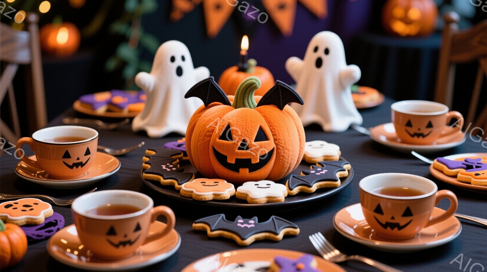 黒いテーブルの上に、ハロウィーンをテーマにしたお菓子やティーカップが並べられています。オレンジ色のティーカップにはジャック・オ・ランタンの絵柄が描かれており、お皿には様々なハロウィーンモチーフのクッキ - AI生成フリー素材