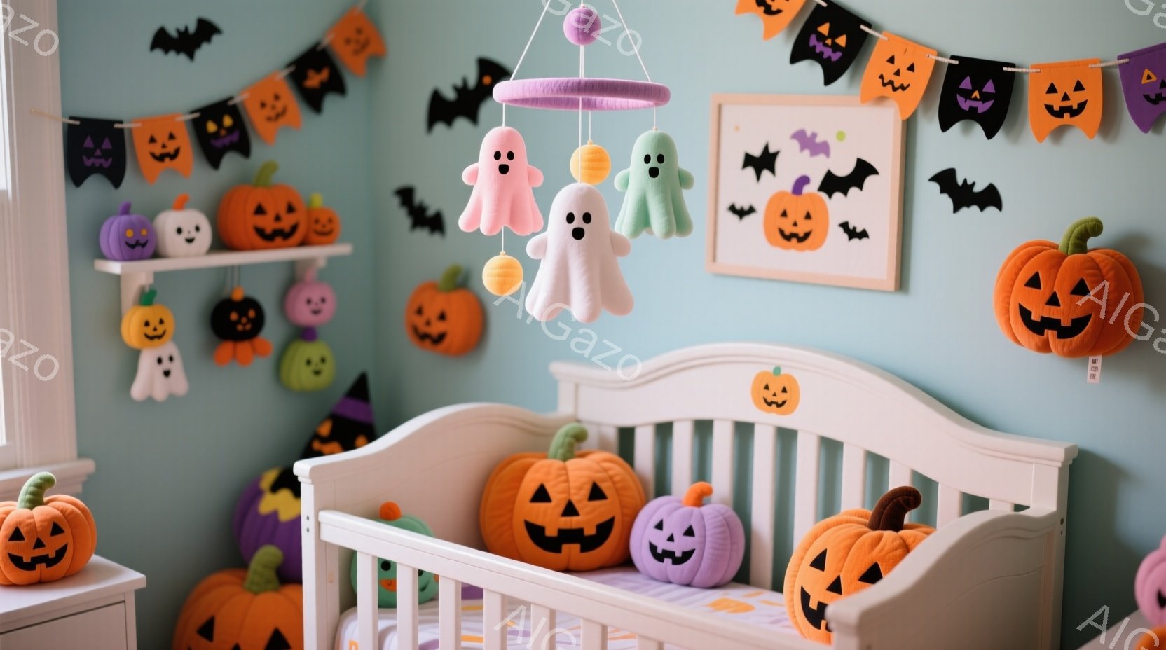 明るい水色の壁が特徴のベビーベッドの部屋です。ベッドの上と周りには、様々な色と表情のハロウィーンの飾りであるカボチャや幽霊が配置されています。壁には、コウモリのモチーフと、ハロウィーンのイラストが飾られたフレームがあります。