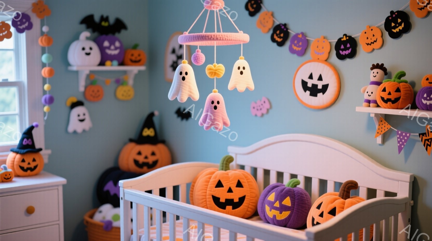 明るい水色の壁が印象的なベビーベッドの部屋です。ベッドには様々な表情をしたカボチャのぬいぐるみが置かれ、天井からは可愛らしいお化けのモビールが吊り下げられています。ハロウィーンをテーマにしたガーランドや装飾が部屋全体を彩り、温かく楽しい雰囲気を醸し出しています。