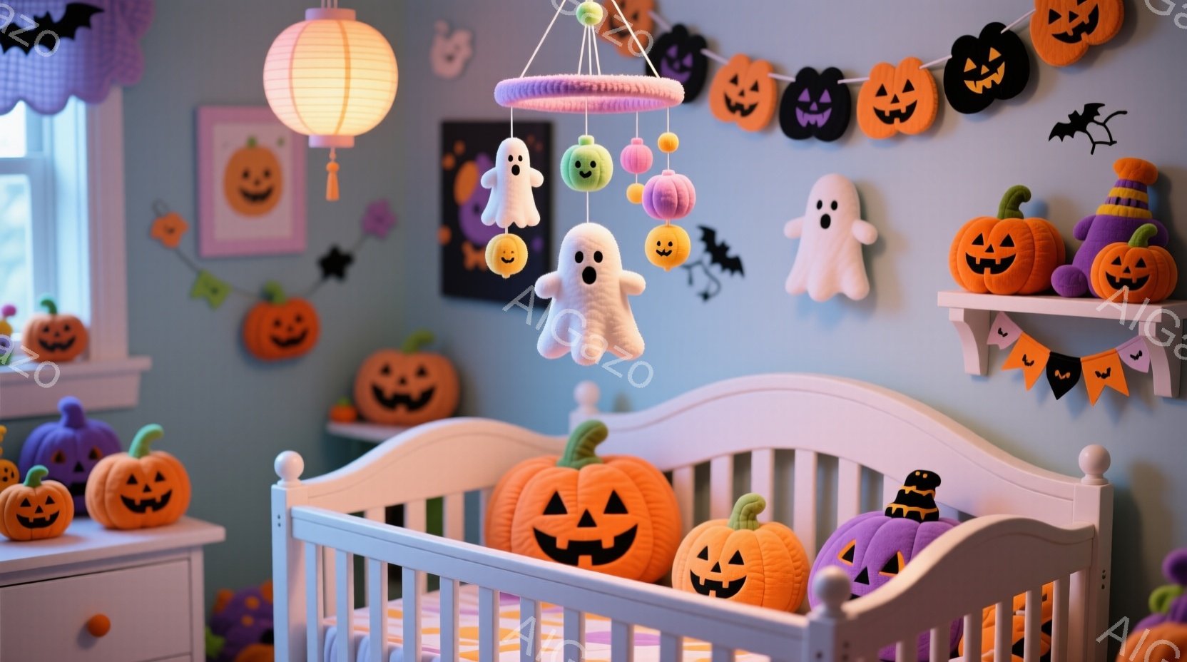 柔らかい青色の壁が特徴のベビーベッドの部屋で、ハロウィーンの装飾が施されています。ベッドの周りや棚の上には、さまざまな色と大きさの可愛らしいカボチャのおもちゃや、お化けのモビールが飾られており、穏やかで遊び心のある雰囲気を醸し出しています。全体的にパステルカラーが基調で、暖かく優しい印象を与えます。