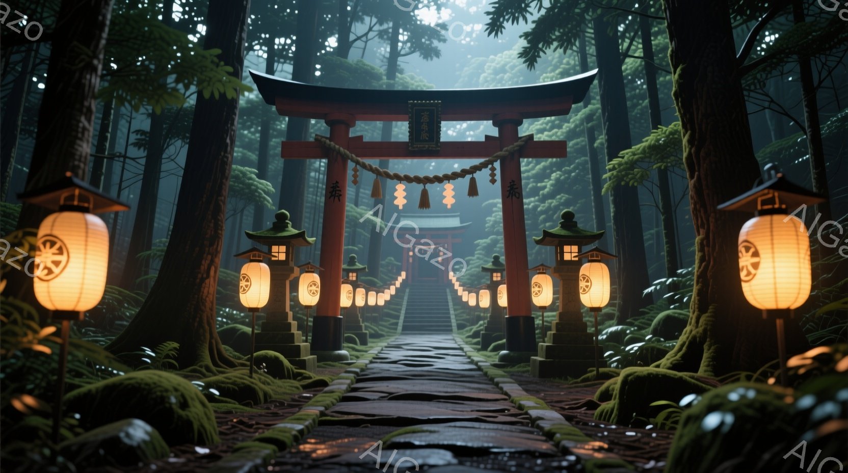 朱色の鳥居が並び、石段が奥へと続いており、両脇には提灯が灯されています。緑豊かな木々が生い茂り、湿った土と苔の香りが漂う、静寂で神秘的な雰囲気が漂っています。鳥居には古風な文字が刻まれ、自然と歴史が調 - AI生成フリー素材