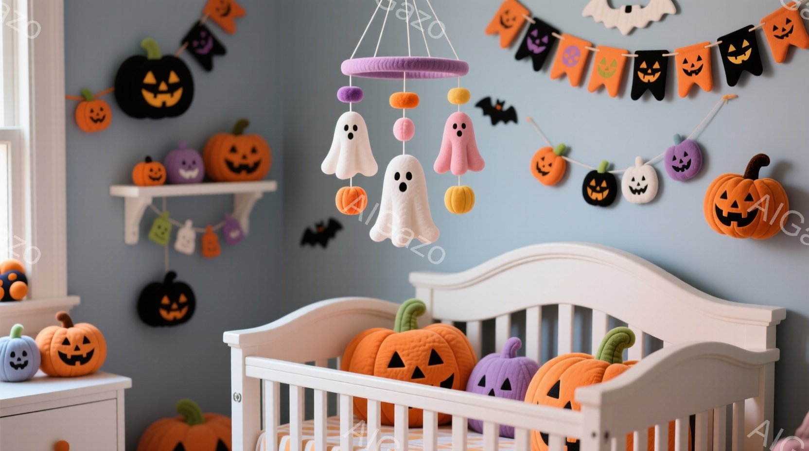 青い壁を背景に、ハロウィーンの装飾が施されたベビーベッドが写っています。ベッドにはオレンジと紫色のカボチャのぬいぐるみや、可愛らしいお化けの装飾が並べられ、天井からはお化けとカボチャのガーランドが吊るされています。全体的に温かく、子供らしい遊び心あふれる雰囲気です。