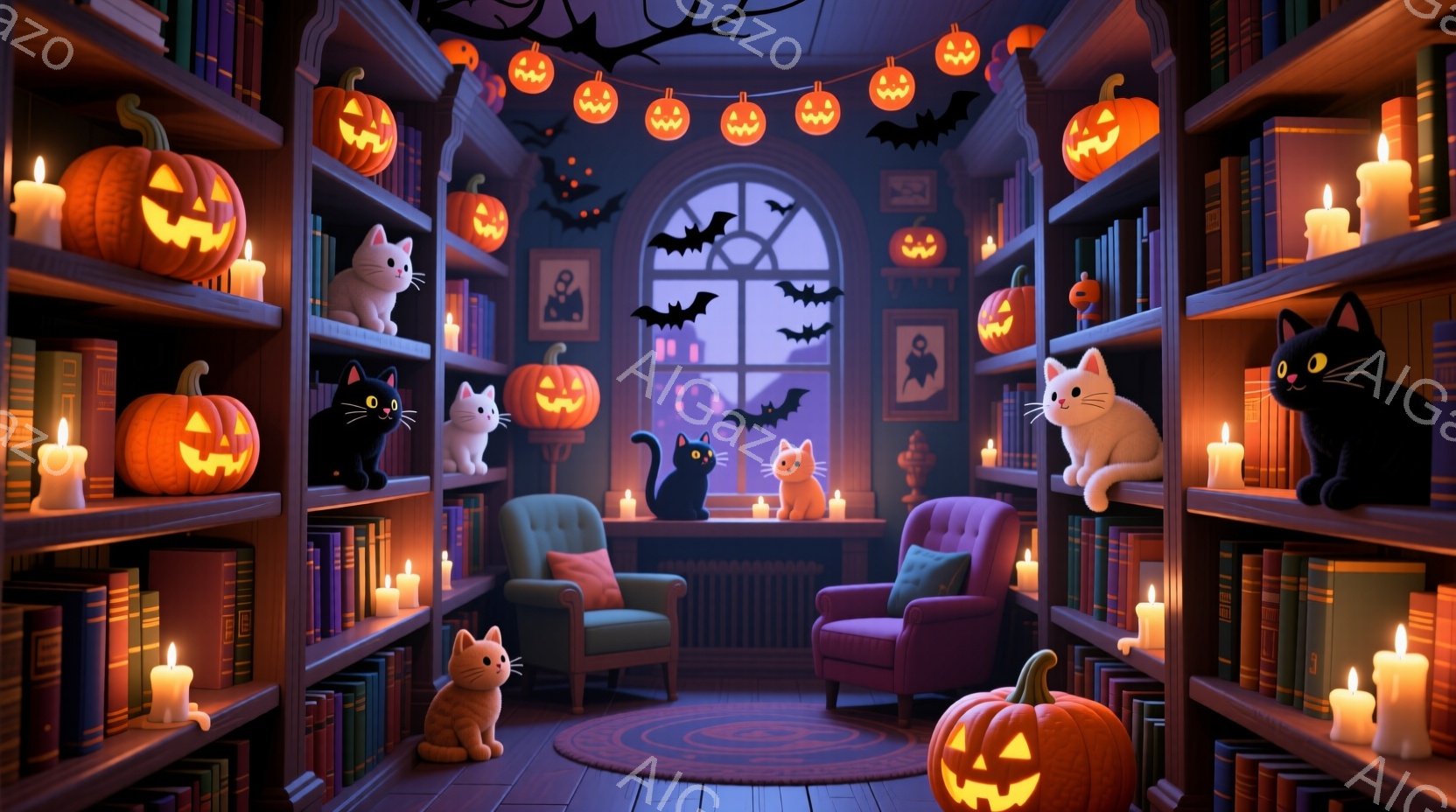 暖炉のない居間に、オレンジ色のハロウィーンの装飾が至る所に散りばめられています。棚にはカボチャやロウソクが並び、床には丸いカーペットが敷かれ、紫色の椅子が置かれています。黒猫や白猫が、カボチャと共に居 - AI生成フリー素材