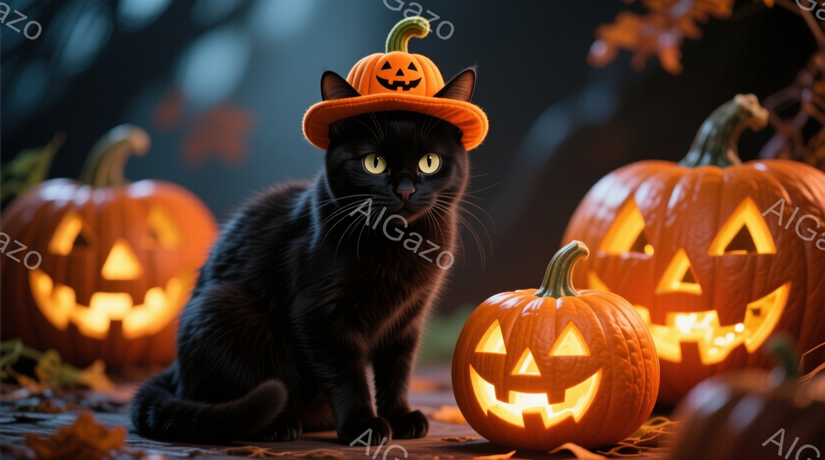 黒い猫がハロウィーンの飾りであるカボチャの帽子をかぶって座っています。背景には、ジャック・オー・ランタンのように彫刻されたカボチャがいくつかあり、落ち葉が散らばった地面に置かれています。全体的にハロウィーンらしい、少し不気味で楽しい雰囲気です。