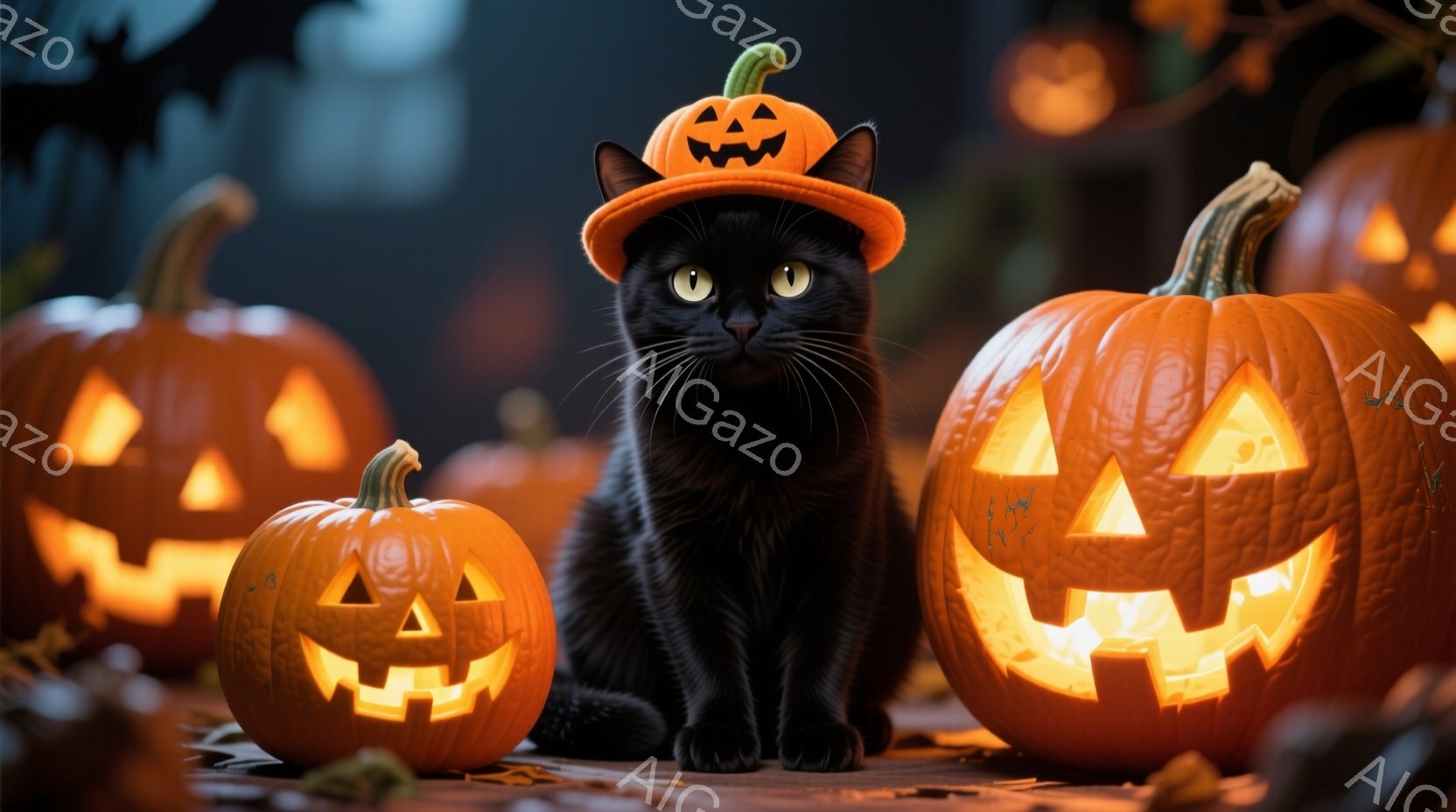 黒猫がハロウィーンの帽子をかぶり、彫刻されたジャックオーランタンに囲まれて座っています。猫はまっすぐ前を見つめ、少しいたずらっぽい表情をしています。背景には、ぼんやりとした建物と暗い夜空が広がり、全体 - AI生成フリー素材