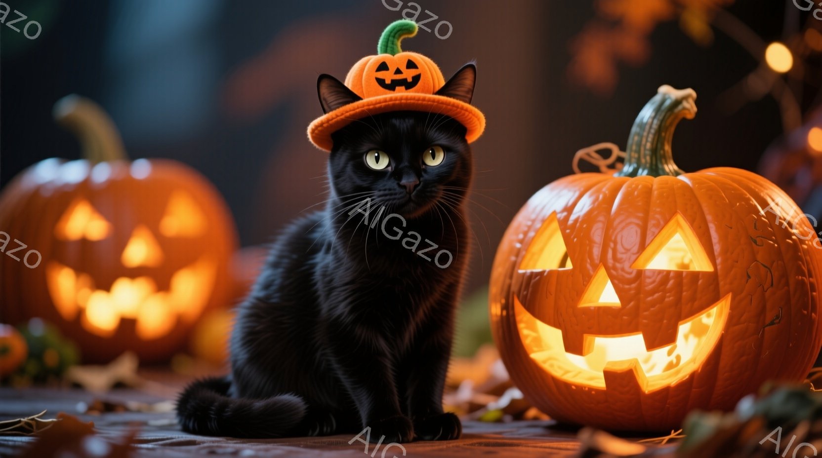 黒猫がハロウィーンの飾りであるカボチャの帽子をかぶって座っており、目は大きく見開いて好奇心旺盛な表情をしています。背景には、光を灯したジャック・オー・ランタンがいくつかあり、落ち葉が散らばった木製の床 - AI生成フリー素材