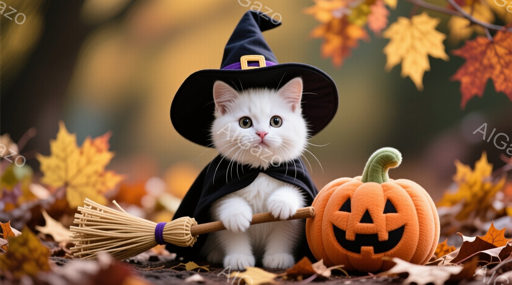 白い子猫がハロウィーンの衣装を着て、ほうきとジャック・オー・ランタンと共に落ち葉の中に座っています。子猫は黒い帽子をかぶり、マントを羽織っており、つぶらな瞳でカメラを見ています。背景は紅葉した葉っぱで覆われ、秋の温かく、お祝いの雰囲気が漂っています。