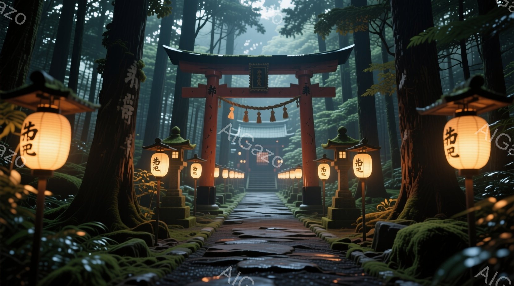 鬱蒼とした森の中に、朱色の鳥居が並び、石畳の道が奥へと続いています。両脇には提灯が灯り、幻想的な雰囲気を醸し出しています。鳥居の奥には、屋根が緑色の社が佇み、静寂と神秘的な空気が漂っています。 - AI生成フリー素材