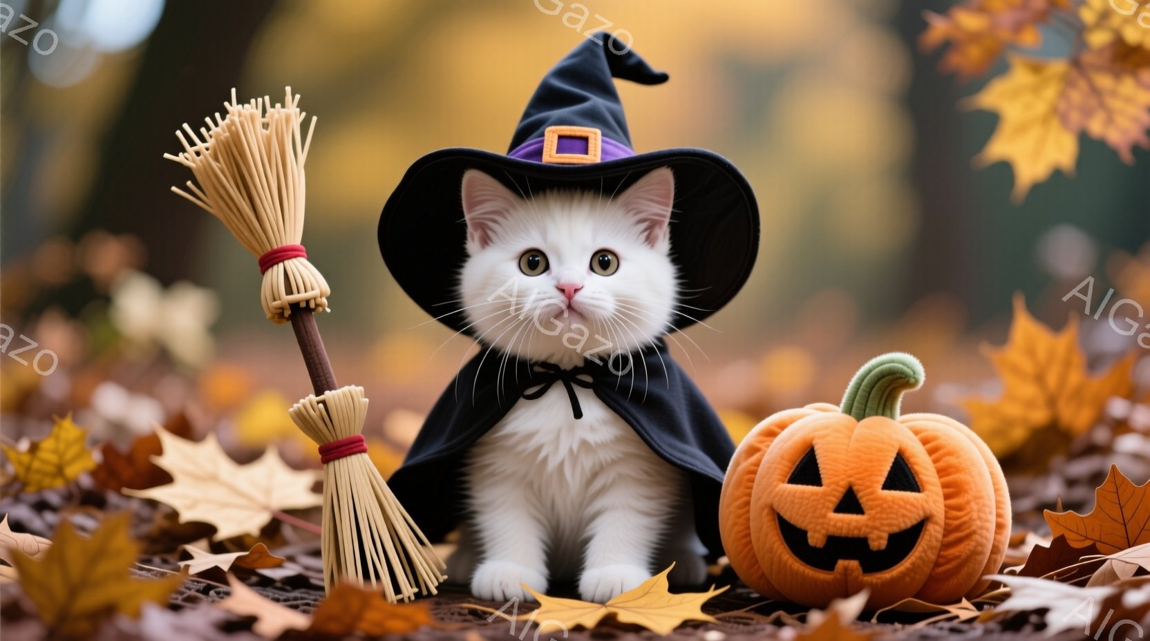 白い子猫がハロウィーンの衣装を着て、魔法使いの帽子とマントを身に着けています。その表情は好奇心旺盛で、小さなほうきと彫刻されたジャック・オー・ランタンの隣に座っています。背景は落ち葉で覆われた地面で、秋の暖かい雰囲気を醸し出しています。