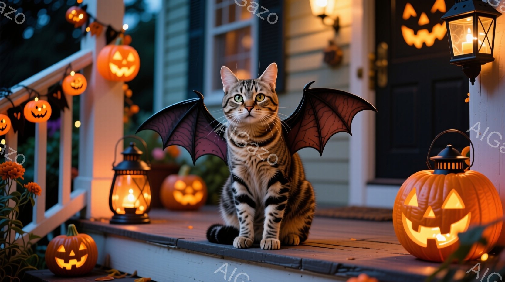 縞模様の猫がハロウィーンの装飾が施された玄関の段に座っており、背中には黒いコウモリの羽が付いています。周囲には、点灯したジャック・オー・ランタンが並び、ハロウィーンらしい雰囲気を醸し出しています。背景には、薄暗い光の中で見える家の外観と、オレンジ色の小さなライトが飾られた手すりが見えます。