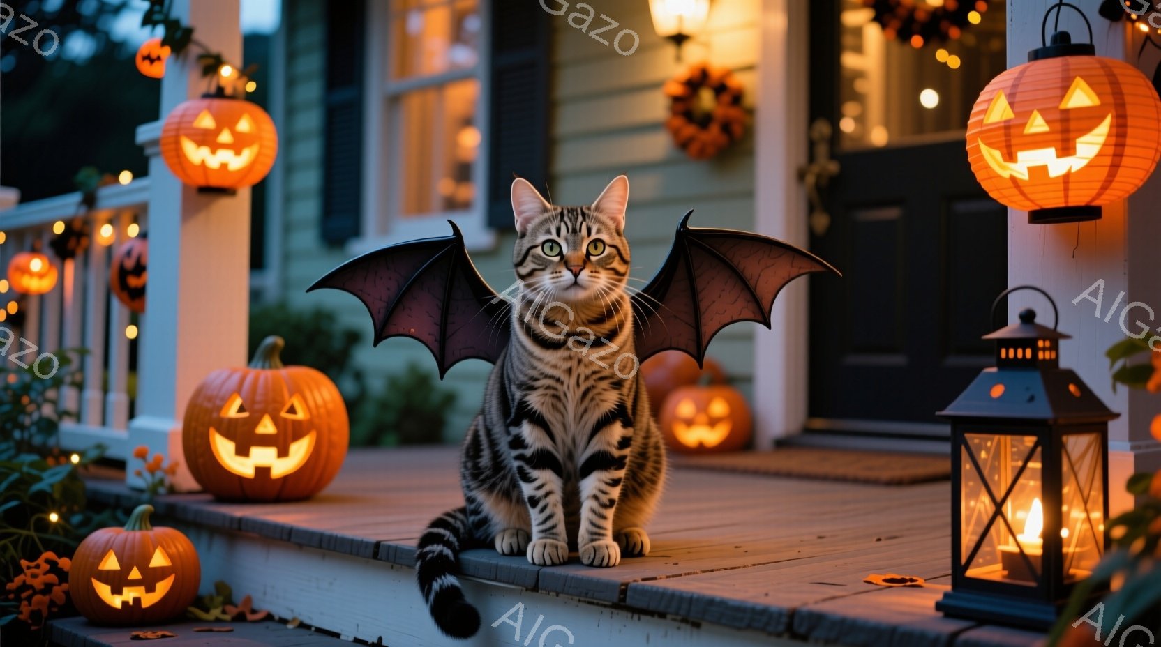 白い背景の家のポーチに、翼をつけた縞模様の猫が座っています。猫は正面を見据え、少し警戒した表情をしています。周囲にはハロウィーンの装飾として、ジャック・オー・ランタンや提灯が置かれ、夕暮れ時の暖かくお祝いムードを醸し出しています。