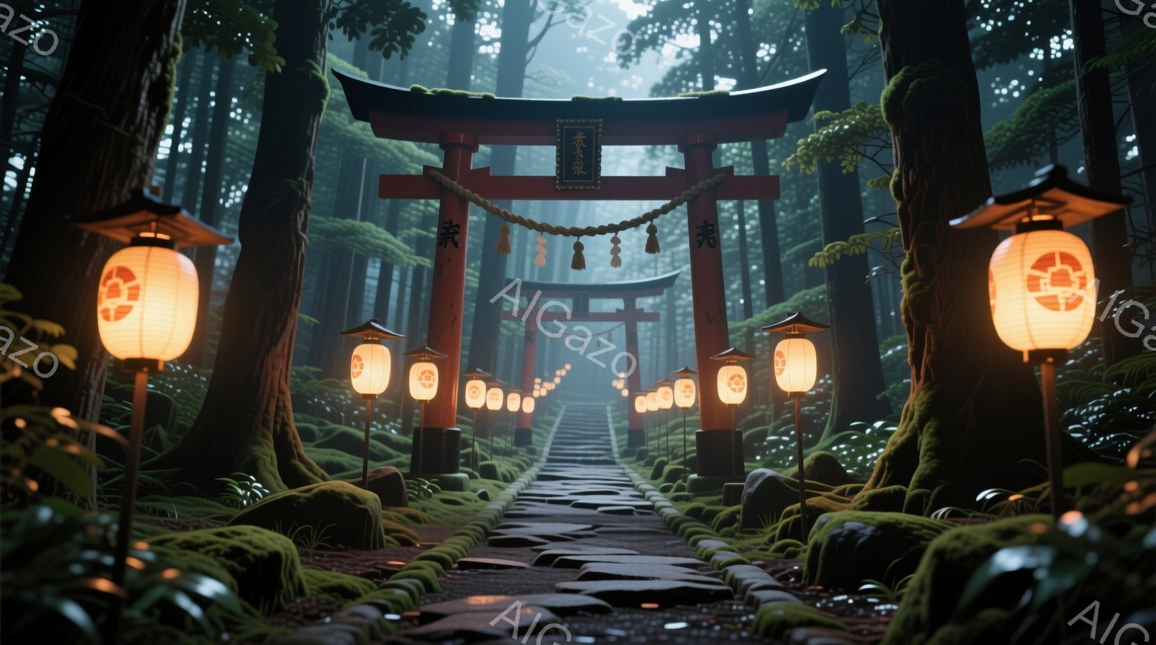 鬱蒼とした森の中に石畳の道が伸び、朱色の鳥居が並んでいます。道沿いには提灯が灯り、湿った苔むした地面と暗い木々の間から、神秘的な光が差し込んでいます。全体的に、静寂で幻想的な雰囲気が漂い、どこか神聖な - AI生成フリー素材