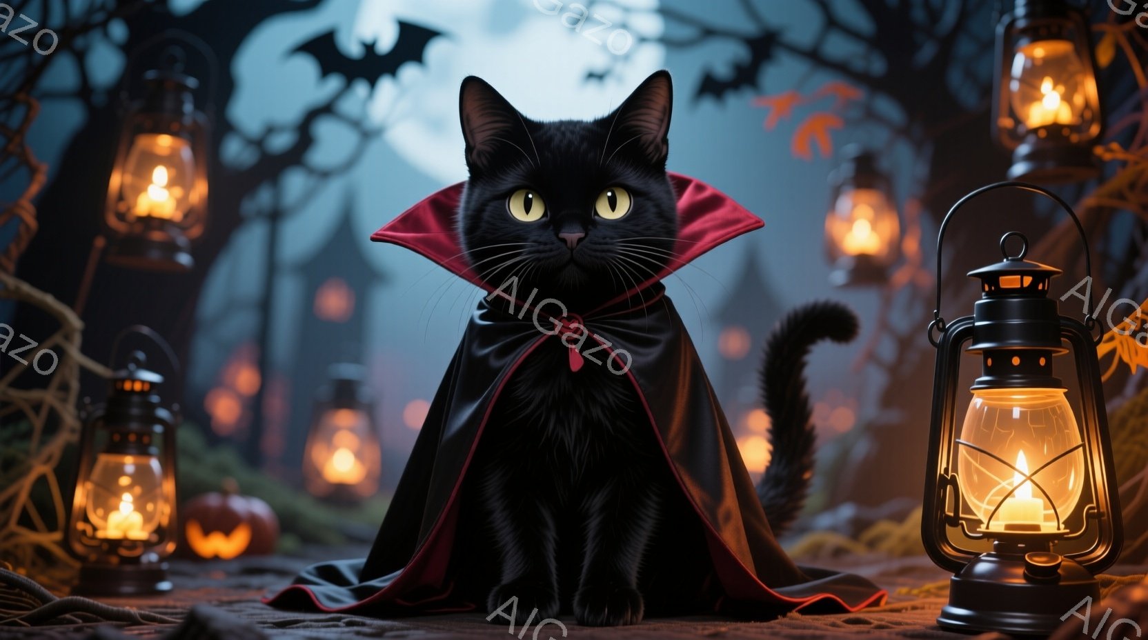 黒猫が赤い襟付きのマントを羽織り、正面を向いて座っています。背景には、ハロウィーンのランタン、カボチャ、そしてシルエットの建物とコウモリが描かれ、少し不気味な雰囲気です。全体的に暗い色調で、ハロウィー - AI生成フリー素材