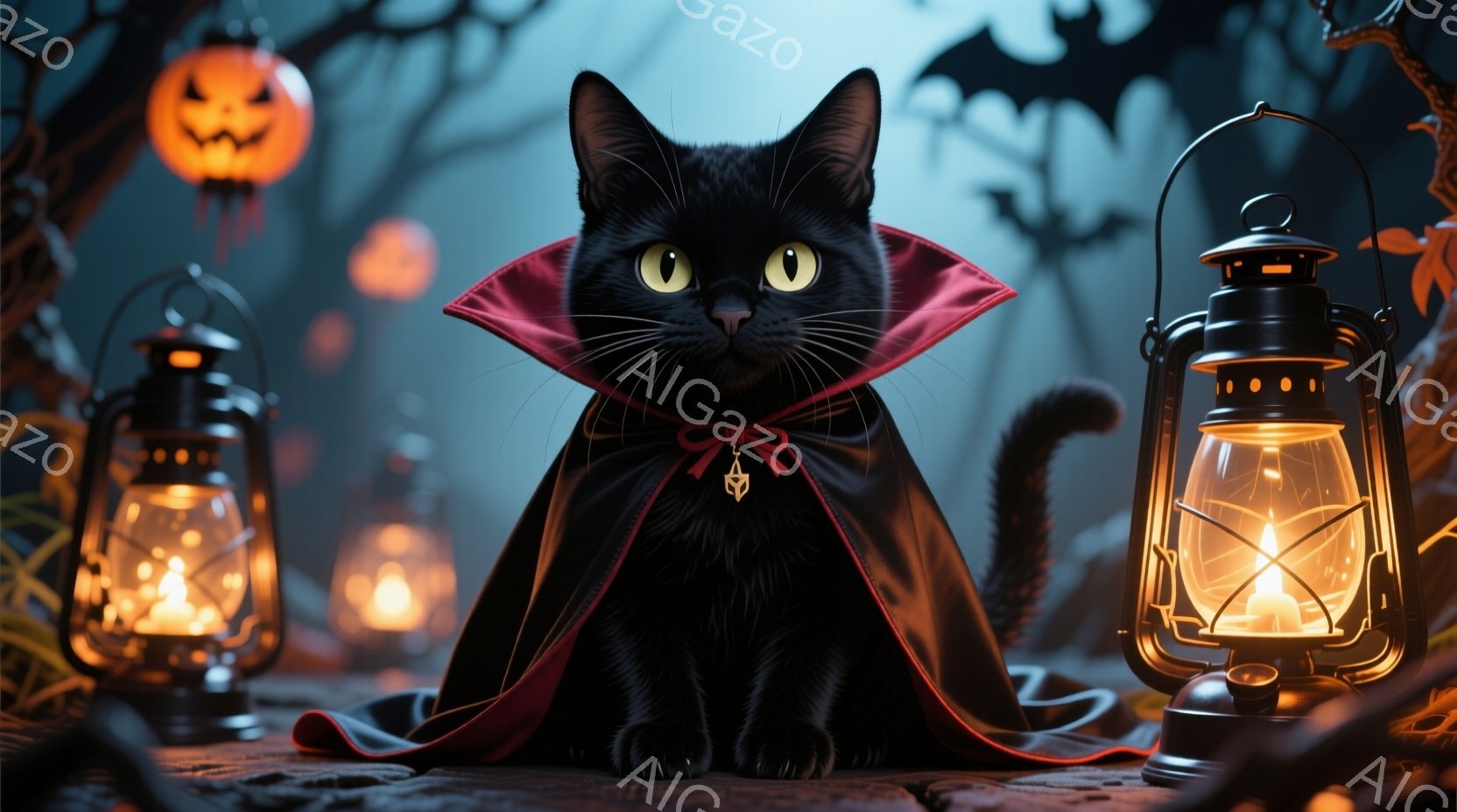 黒い猫が赤い襟付きのケープを羽織って座っており、鋭い緑色の目と少しいたずらっぽい表情をしています。背景には、オレンジ色の光を放つジャック・オー・ランタン、ほのかに光る提灯、そして暗い木々が見え、ハロウ - AI生成フリー素材