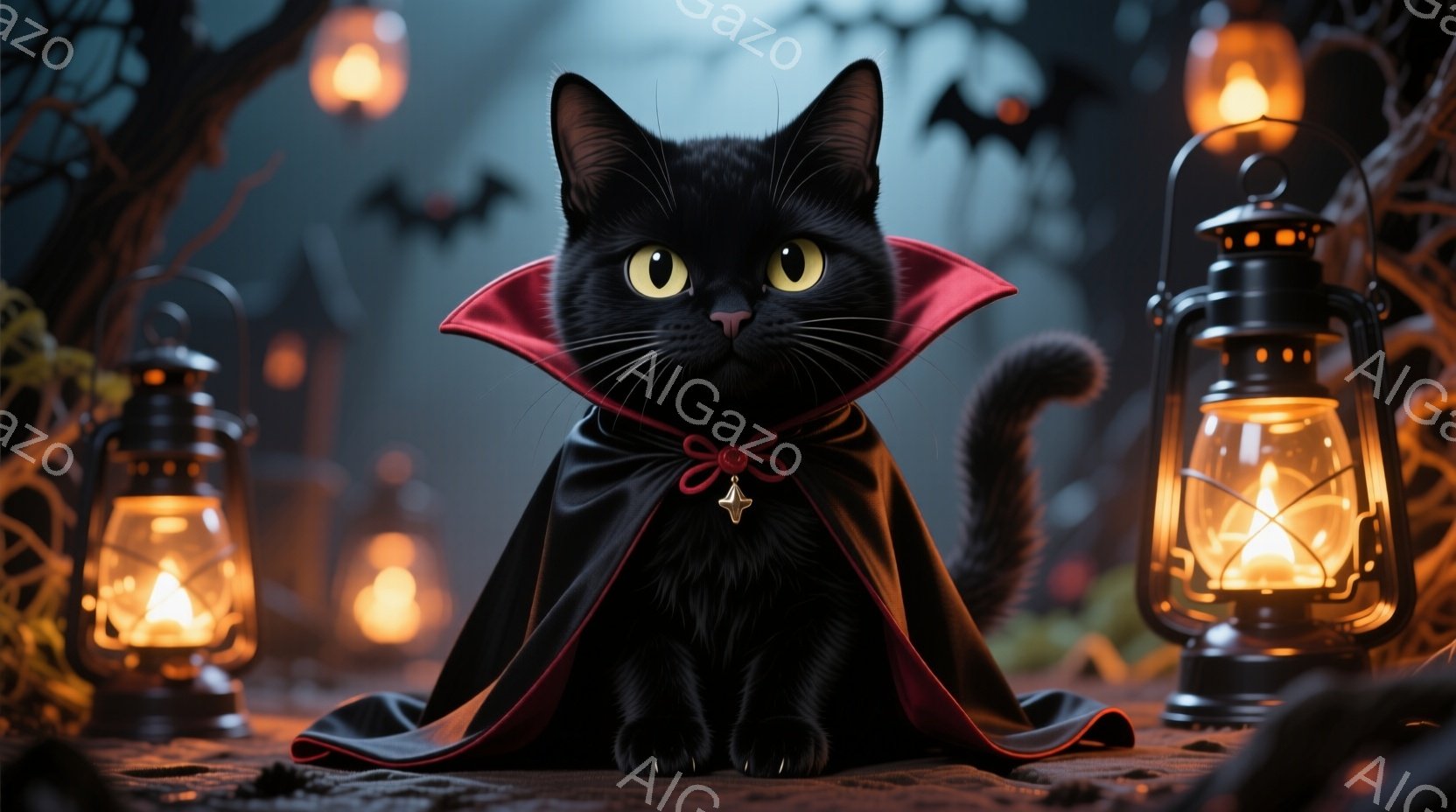 黒い猫が赤い襟付きのマントを羽織って座っています。その表情はどこか気高く、黄色い目が光っています。背景には、オレンジ色の光を放つランタンや飛び交うコウモリがあり、ハロウィーンの夜を思わせる不気味で幻想的な雰囲気です。