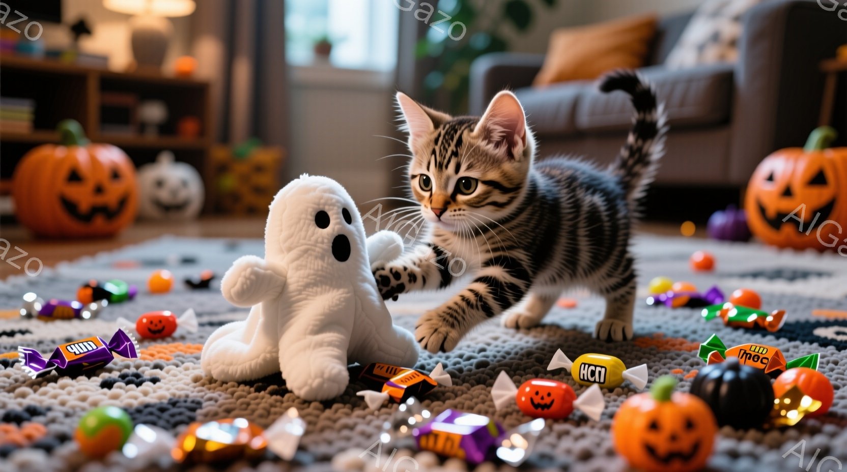 縞模様の小さな子猫が、ふわふわの白いお化けのぬいぐるみにじゃれついている様子が写っています。周囲にはハロウィーンのキャンディーや、笑みを浮かべたジャック・オー・ランタンが散らばっており、落ち着いたグレ - AI生成フリー素材