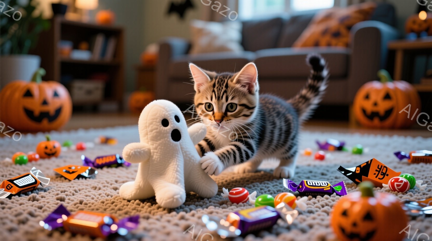 白いカーペットの上に、縞模様の子猫が白いお化けのぬいぐるみに飛びかかろうとしている様子が写っています。背景には、ハロウィーンの飾りであるジャック・オ・ランタンやキャンディーが散らばっており、暖色系の照 - AI生成フリー素材