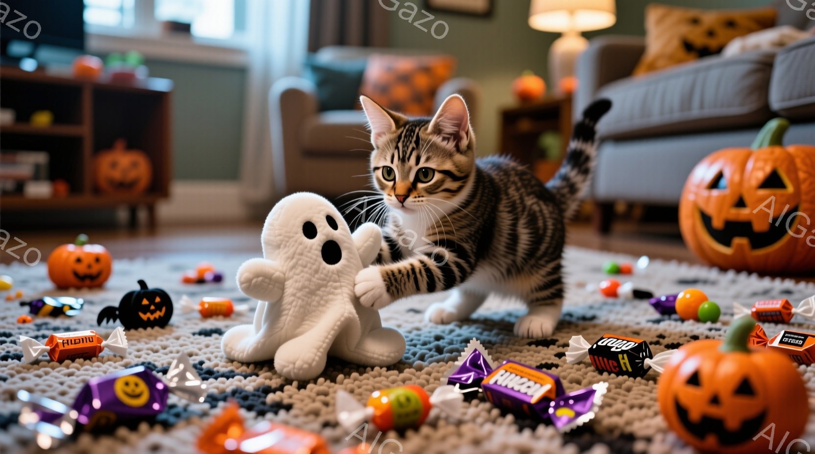 縞模様の小さな子猫が、ハロウィーンの装飾が散らばるカーペットの上で、白いゴーストのぬいぐるみと戯れています。周囲にはオレンジ色のカボチャ、キャンディー、小さな黒い帽子が散らばり、ハロウィーンの雰囲気を - AI生成フリー素材
