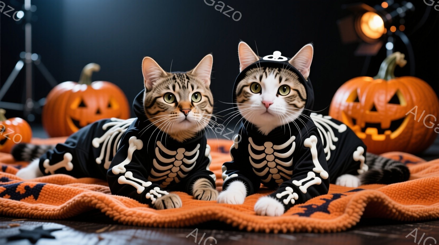 縞模様の猫二匹が、ハロウィーン用の骸骨柄のパーカーを着て、オレンジ色の毛布の上に横たわっています。猫たちは少し緊張した表情で、正面をまっすぐ見つめています。背景には、くり抜かれたジャック・オ・ランタン - AI生成フリー素材