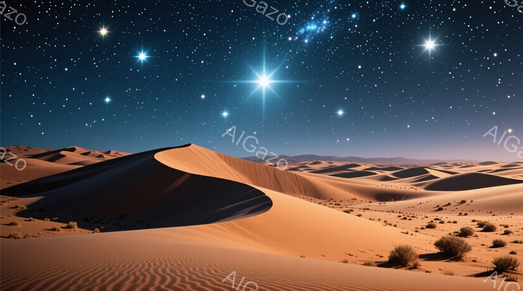 広大な砂漠が夜空の下に広がっており、オレンジ色の砂丘が光と影の美しい模様を作り出しています。空には無数の星が輝き、その中で特に明るい星が数個、強い光を放っています。植物はわずかに点在し、砂漠の静寂と広大さを強調しています。