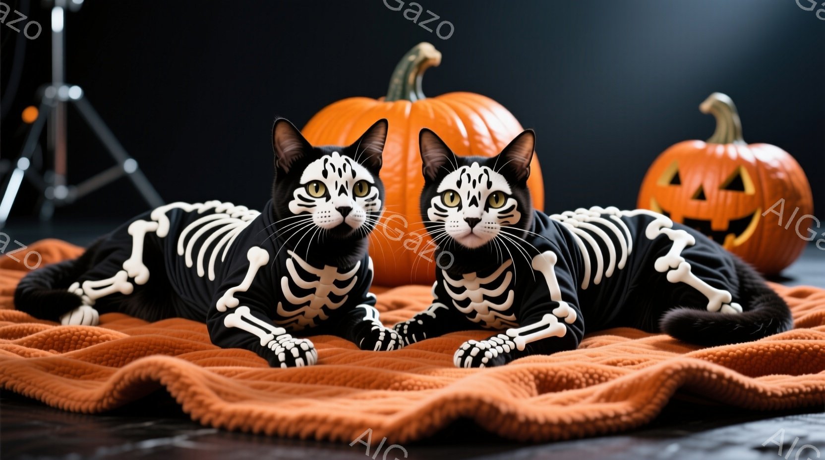 黒猫二匹がハロウィーンの骨格模様の衣装を着て、オレンジ色のふわふわした布の上に横たわっています。猫たちはリラックスした表情で、正面を見つめています。背景には、ジャック・オー・ランタンが置かれ、ハロウィ - AI生成フリー素材