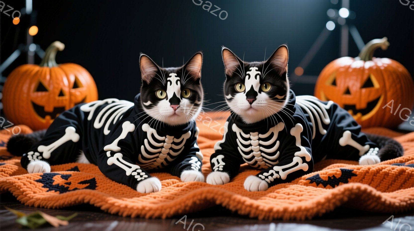 縞模様の猫がハロウィーンの幽霊の衣装を着て、落ち葉が散りばめられた石畳の道を歩いている。背景には、カボチャのランタンや灯りが灯った家々が並び、秋の夜の穏やかで幻想的な雰囲気を醸し出している。鮮やかなオ - AI生成フリー素材