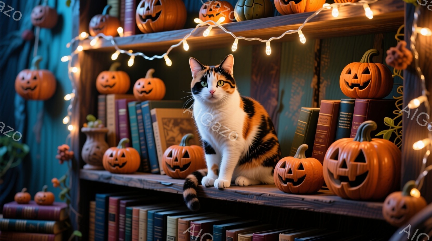 鮮やかなオレンジ色のハロウィンカボチャが所狭しと並んだ本棚に、三毛猫が落ち着いた様子で座っています。猫は正面を向き、わずかに微笑んでいるようで、周囲の装飾と調和した穏やかな雰囲気を醸し出しています。背景は深い緑色で、カボチャのオレンジ色がより一層引き立ち、全体的に温かく幻想的な秋の情景が広がっています。
