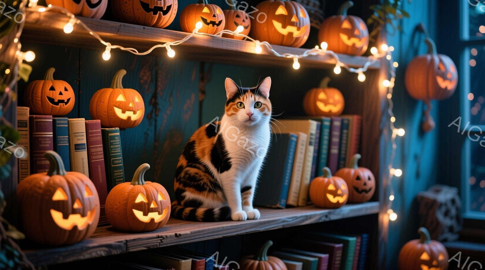 白とオレンジの斑点模様の猫が、ハロウィーンの飾り付けられた本棚に座っています。周りには様々な大きさのジャックオーランタンが並び、オレンジ色の電飾が棚全体を照らしています。全体的に温かく、幻想的なハロウ - AI生成フリー素材