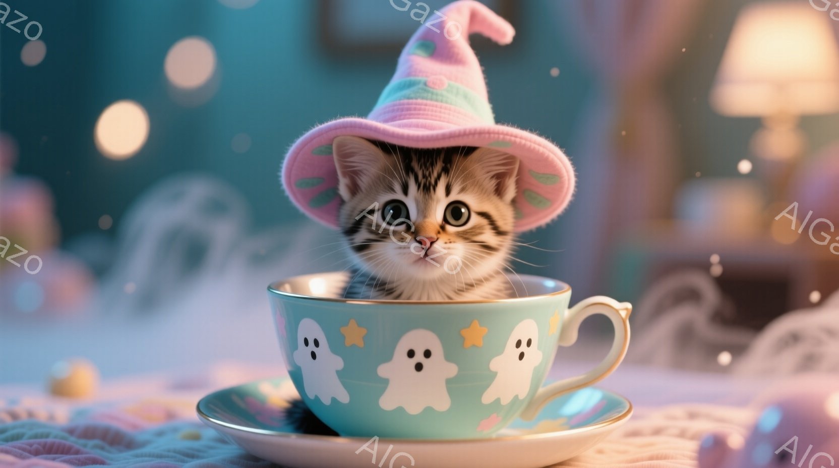 小さな子猫が、ハロウィーンをテーマにしたターコイズブルーのティーカップの中に座っています。子猫は幽霊模様が描かれたカップの中で、ピンク色の魔女帽子を被り、丸い目でカメラを見つめています。背景にはぼやけ - AI生成フリー素材
