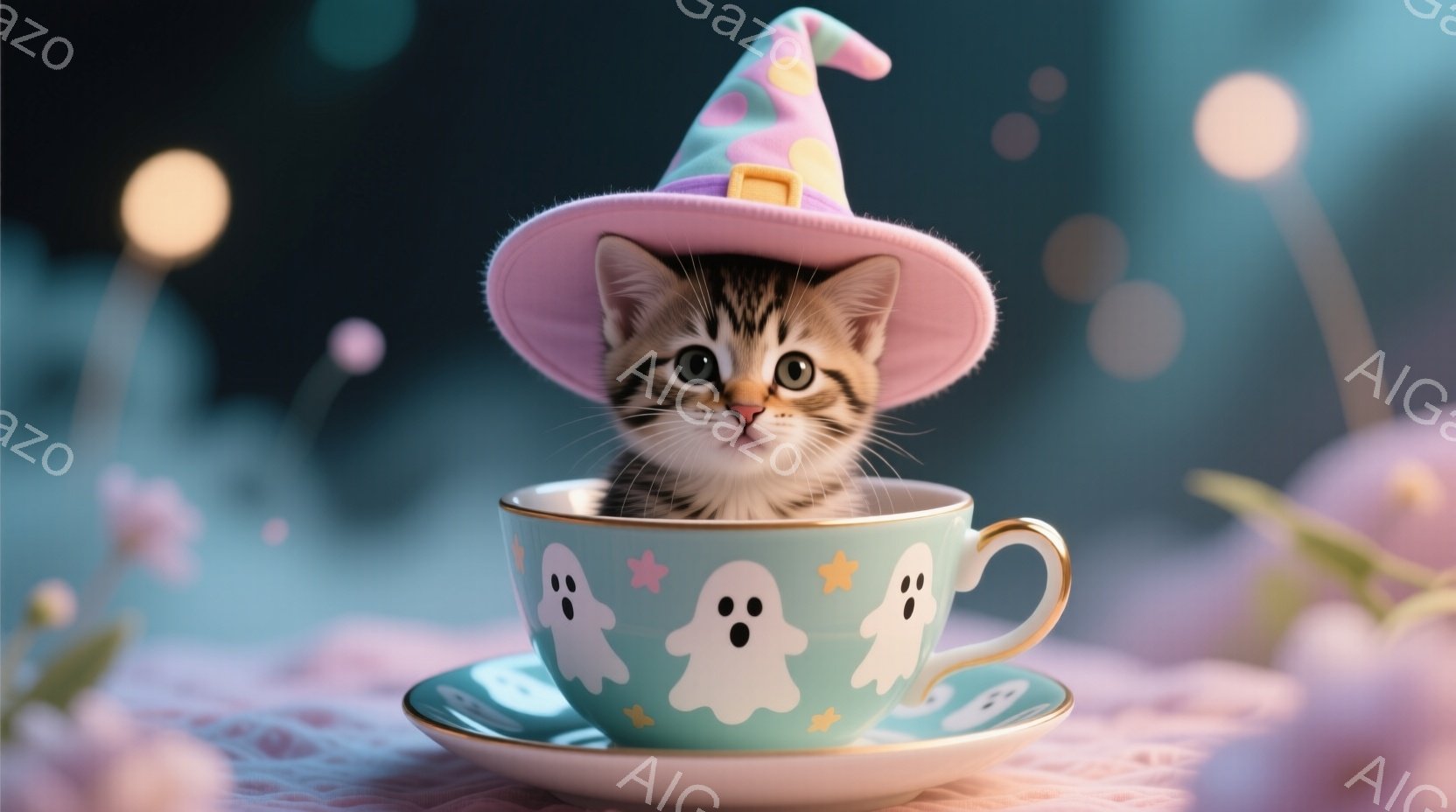 小さな子猫が、ハロウィーンをテーマにしたティーカップの中に座っています。子猫はハロウィーン帽子をかぶり、少し驚いたような表情をしています。背景はぼかされており、ピンクと青の色調で、お祭り騒ぎの雰囲気を - AI生成フリー素材