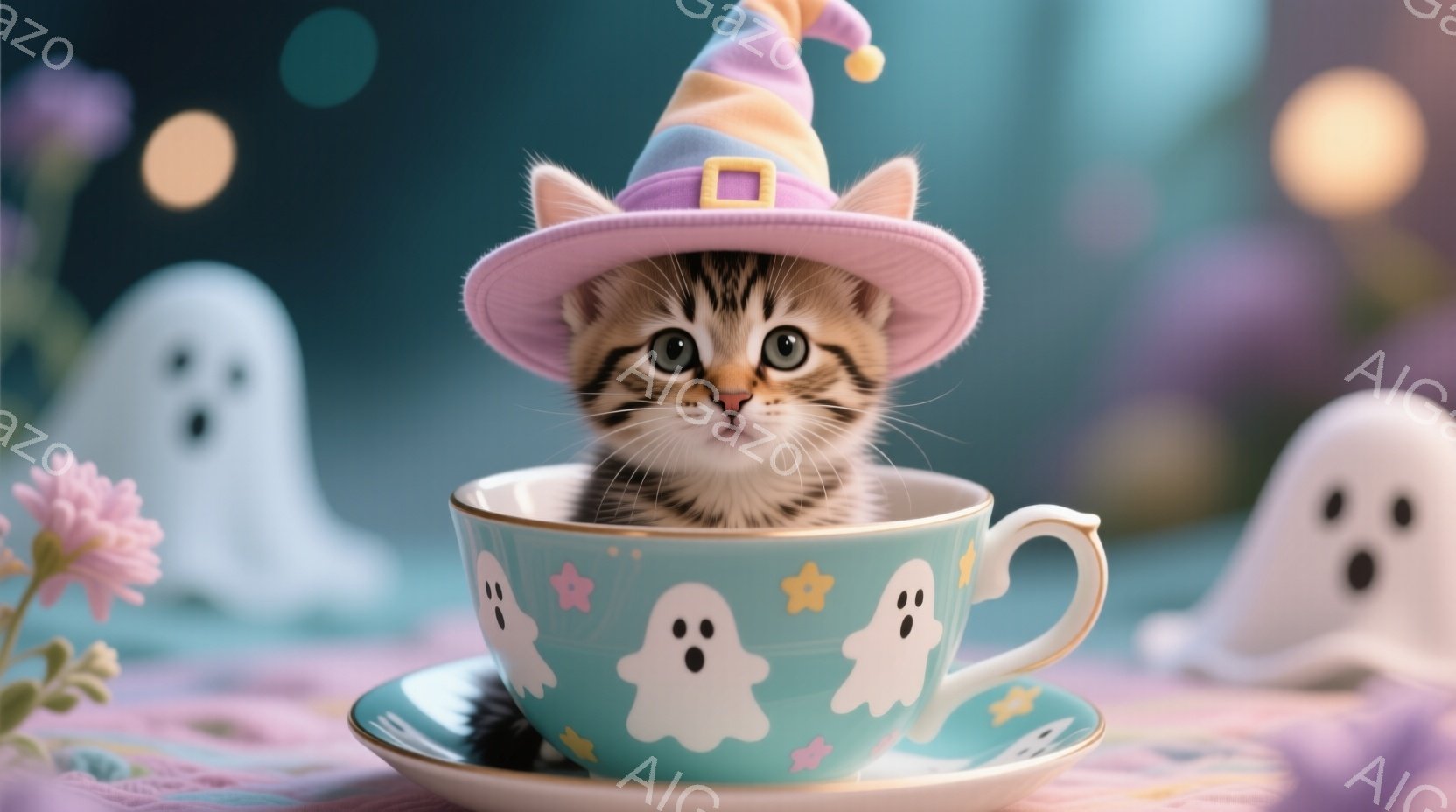 茶色と白の縞模様の子猫が、お化けの絵柄が描かれた水色のティーカップの中に座っています。子猫は小さな魔女帽子を被り、好奇心に満ちた表情で正面を見つめています。背景にはぼやけたピンク色の花や、白く光るお化 - AI生成フリー素材