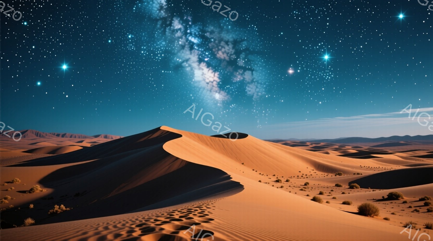 広大な砂漠が広がり、オレンジ色の砂丘が連なっている。夜空には天の川が輝き、無数の星が散りばめられている。砂丘にはまばらに低木が生えており、静寂で神秘的な雰囲気が漂っている。