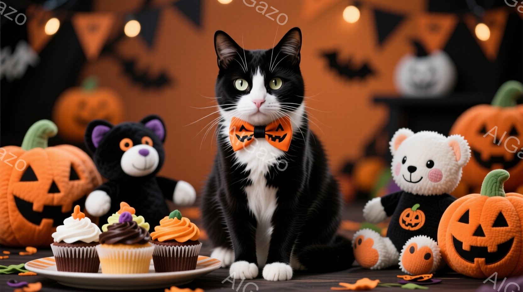 白と黒の猫がハロウィーン風の蝶ネクタイを身につけ、正面を見つめて座っています。周囲には、かぼちゃの形をしたおもちゃやカップケーキ、そしてハロウィーンを象徴するコウモリやカボチャの飾り付けがあり、秋らしい温かい雰囲気を醸し出しています。全体的に、ハロウィーンをテーマにした可愛らしい光景が広がっています。