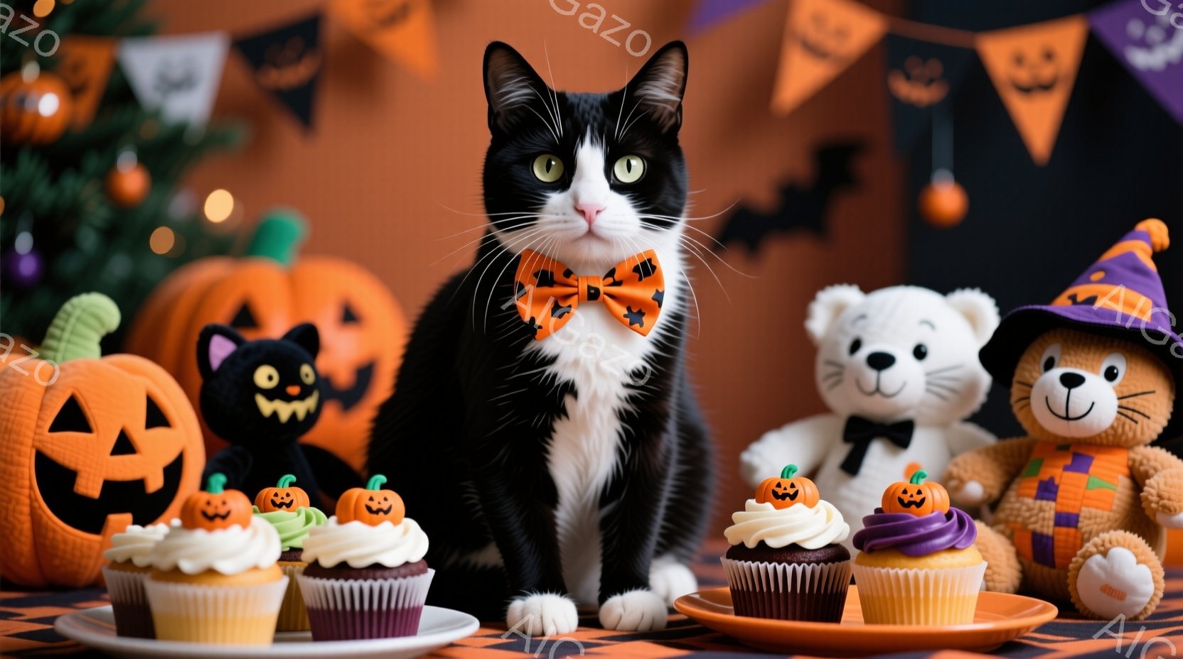 白と黒の猫が、オレンジ色の蝶ネクタイを付けて正面を見つめています。背景にはハロウィーンの装飾、カボチャのぬいぐるみ、カップケーキが配置されており、全体的に暖かく、お祝いムードが漂っています。オレンジ色 - AI生成フリー素材