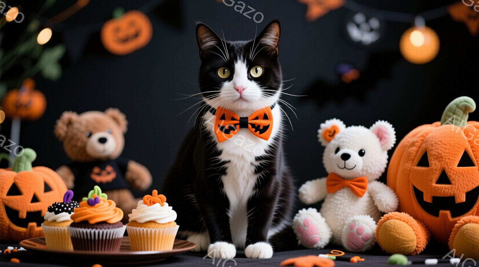 白黒の猫がハロウィーンの飾り付けられた背景の中で、オレンジ色のカボチャの蝶ネクタイをつけて正面を見つめています。可愛らしいテディベアとオレンジ色のカボチャの形をしたぬいぐるみ、クリームが飾られたカップケーキが猫の周りに配置されています。暗い背景には、カボチャのシルエットと光る小さなライトがあり、全体的に温かくお祝いの雰囲気を醸し出しています。
