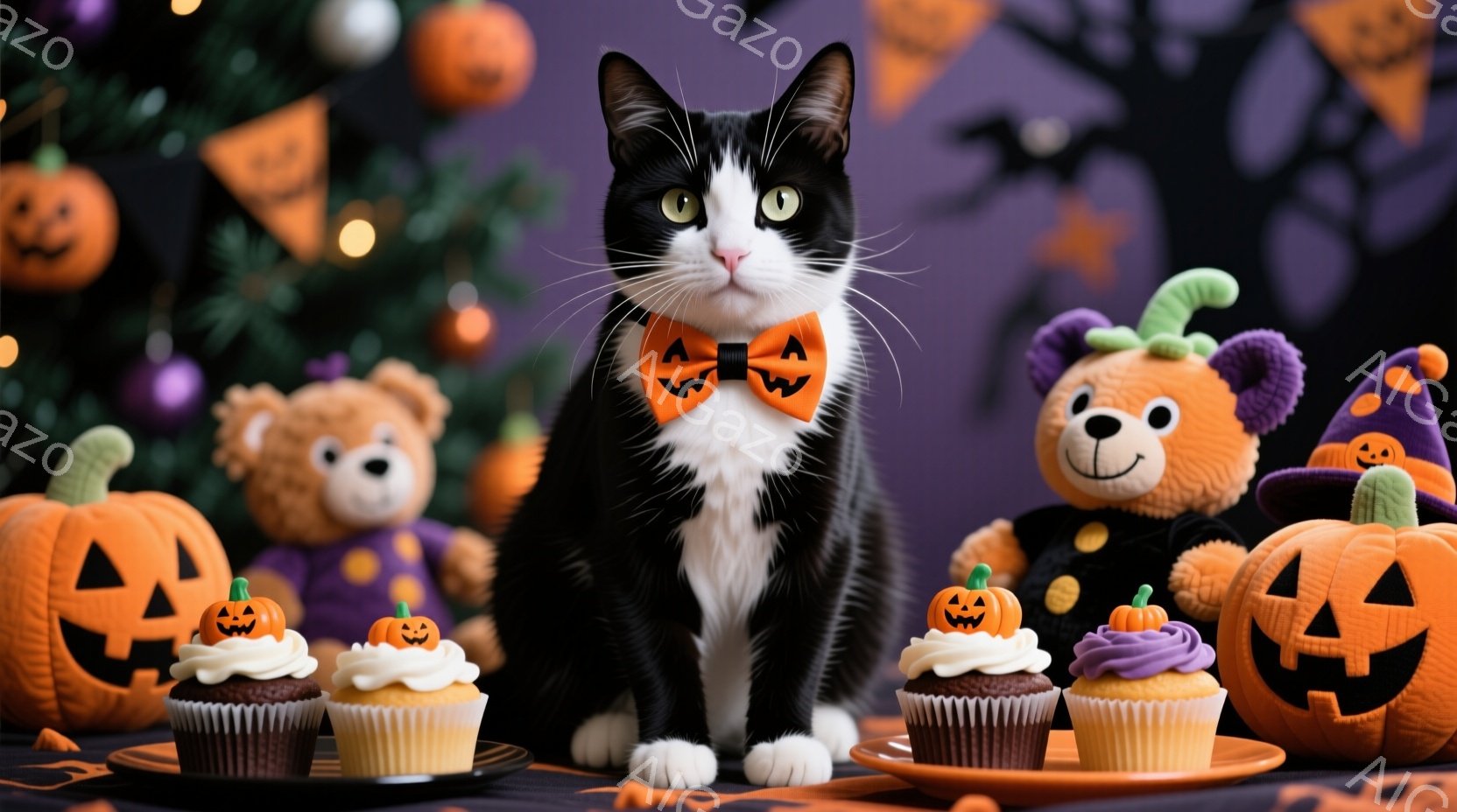 白と黒の猫が、ハロウィーンをテーマにした背景の前で座っています。猫はオレンジ色のジャック・オー・ランタン柄の蝶ネクタイをつけており、その表情はどこか気まぐれで可愛らしいです。背景には、オレンジ色のカボチャのランタン、テディベア、そしてハロウィーンのカップケーキが配置され、お祝いムードを演出しています。