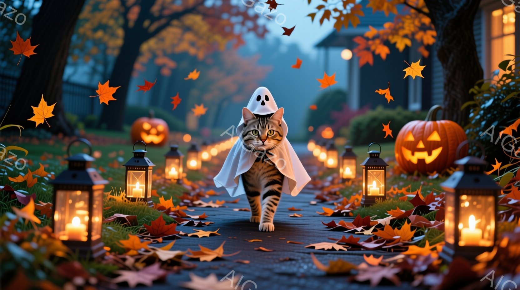 白い衣装をまとった縞模様の猫が、落ち葉が敷き詰められた道の中央を堂々と歩いている。周囲には、光るジャック・オー・ランタンと提灯が配置され、背景には暗いシルエットの家が見え、秋の夜のハロウィーンの雰囲気 - AI生成フリー素材