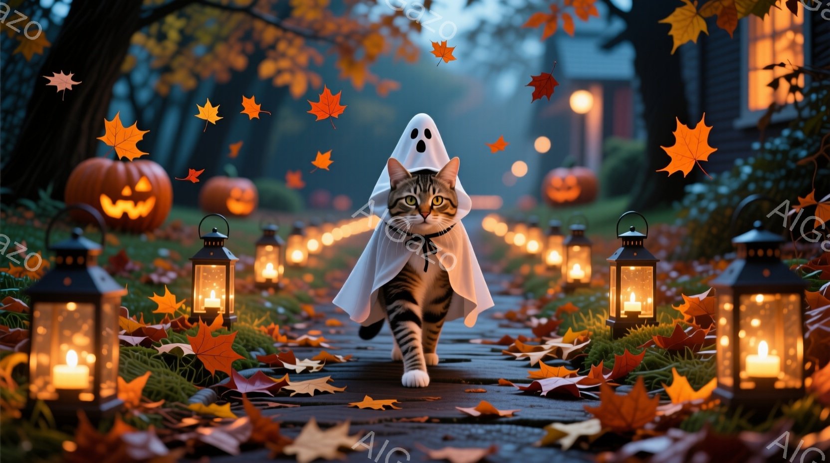 茶トラの猫がハロウィーンのゴーストの衣装を着て、落ち葉が敷き詰められた道を歩いています。背景には、ジャック・オー・ランタンや点灯したランタンが並び、秋の黄葉した木々が晩秋の雰囲気を作り出しています。全 - AI生成フリー素材