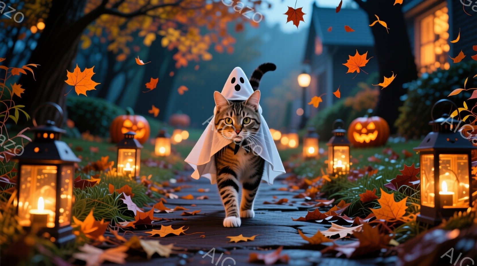 一匹の縞模様の猫が、ハロウィーンの仮装である白い幽霊の衣装を身につけて、落ち葉が散りばめられた道を歩いている。両脇には、オレンジ色の光を放つジャック・オ・ランタンと、明るい提灯が並び、背景には暗い建物 - AI生成フリー素材