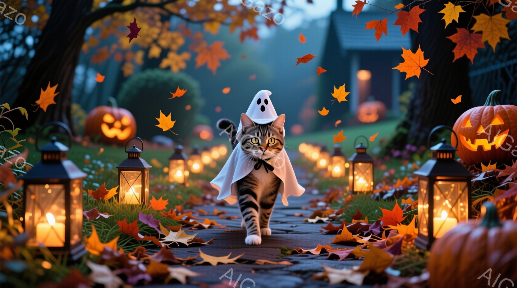 白いハロウィーンの衣装を着た猫が、落ち葉が散らばる石畳の道を歩いている。背景には、彫刻が施されたカボチャやお化け屋敷のような建物があり、オレンジ色の光が灯っている。全体的に、秋の夜の暖かく、お祝いムー - AI生成フリー素材