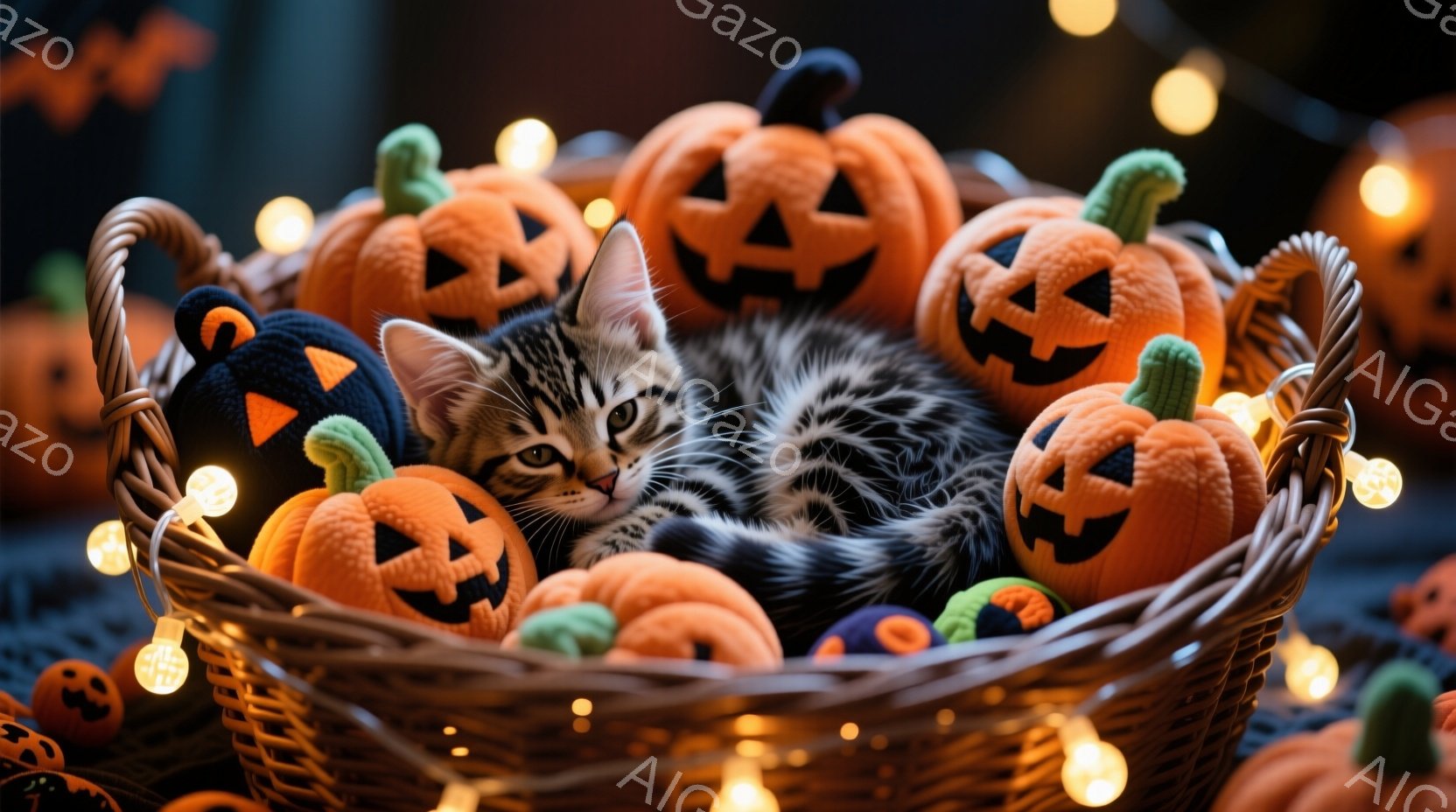 籠の中に、オレンジ色のハロウィーンの飾り付けのパンプキンのおもちゃと、黒い猫の赤ちゃんが丸まって眠っています。猫は縞模様で、リラックスした表情で、周りの明るいオレンジ色とのコントラストが可愛らしいです - AI生成フリー素材
